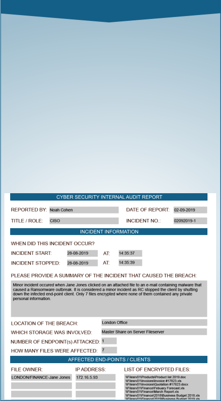 CYBER SECURITY INTERNAL AUDIT REPORT INCIDENT INFORMATION AFFECTED END-POINTS / CLIENTS